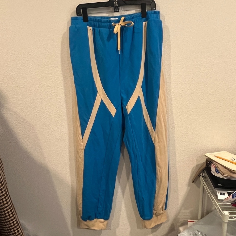 Natasha Zinko vibrant blue and cream color block drawstring joggers size medium